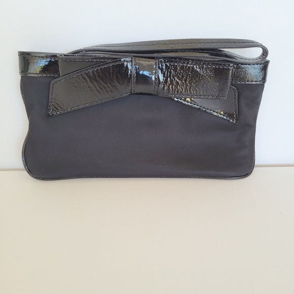 Kate Spade Wristlet Black Clutch Wallet Zip Pouch Bow Nylon Evning Glam Small - Picture 1 of 6